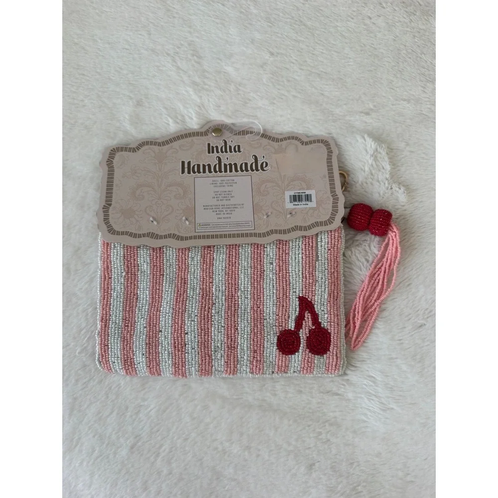 NWT Viral Cherries Stripes Beaded Pouch, Handmade India, tassel, Pink, White,Red